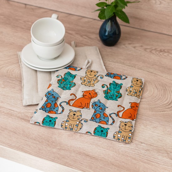 Printed half linen tray for hot pot "Cats"